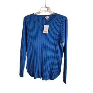 Kim Rogers‎ Sweater Women Large Blue Cable Knit V-Neck Long Sleeve NWT